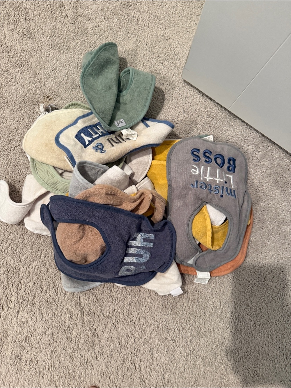 Assorted Baby Bibs in Gray, Navy, Green, Yellow and Cream